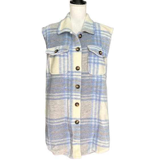 BOOHOO Blue CHECK Plaid SLEEVELESS SHACKET Sz Small Wool Blend Fall NEW - Picture 2 of 9
